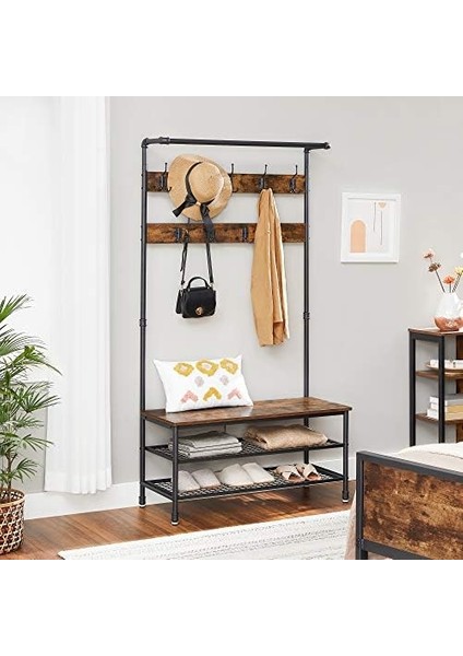 Endüstriyel Tasarım, Tezgahlı, Su Elemanlı Büyük Askısı, 9 Kancalı ve Ayakkabı Askılı, Çok Fonksiyonlu Koridor, Ağır Hizmet Tipi Metal Çerçeve HSR47BX modelleri