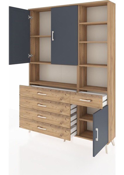 Arges Dolap 8 Raflı 5 Çekmeceli 3 Kapaklı 132X30X195 Çam-Antrasit/çam modelleri