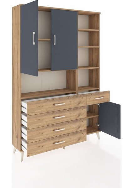 Arges Dolap 8 Raflı 5 Çekmeceli 3 Kapaklı 132X30X195 Çam-Antrasit/çam indirimleri