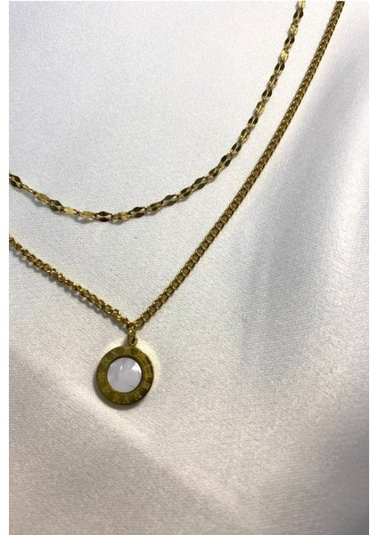 Altın Kaplama Zirkon Taşlı Ikili Zincir Çelik Kolye