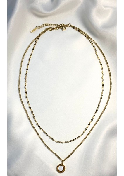 Altın Kaplama Zirkon Taşlı Ikili Zincir Çelik Kolye fiyatları