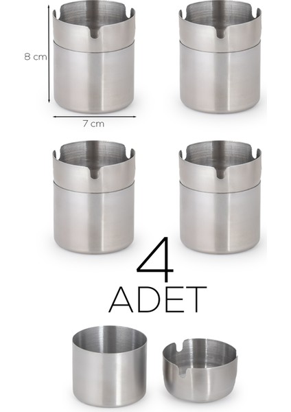 ETN-236 Large 4lü Paslanmaz Çelik Metal Kül Tablası - Kapaklı Rüzgar Geçirmez Küllük