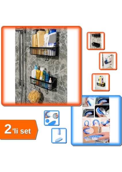 Plastik Yapışkanlı Asılı Mutfak ve Banyo Rafı Düzenleyici + Esnek Temizlik Fırçası 2li Set 1A2B3C