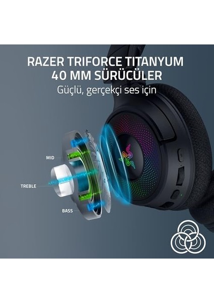 Kraken V4 - Kablosuz Oyun Kulaklığı (3 Modlu Bağlantı, Triforce 40MM Sürücüler, 9 Bölgeli Rgb Kulaklık Aydınlatması, Mix & Volume Ayarları, Thx Spatial Audio) Siyah modelleri