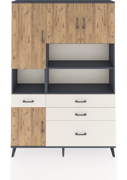 Arges Dolap 9 Raflı 4 Çekmeceli 4 Kapaklı 132X30X195 Antrasit-Çam/aytaşı