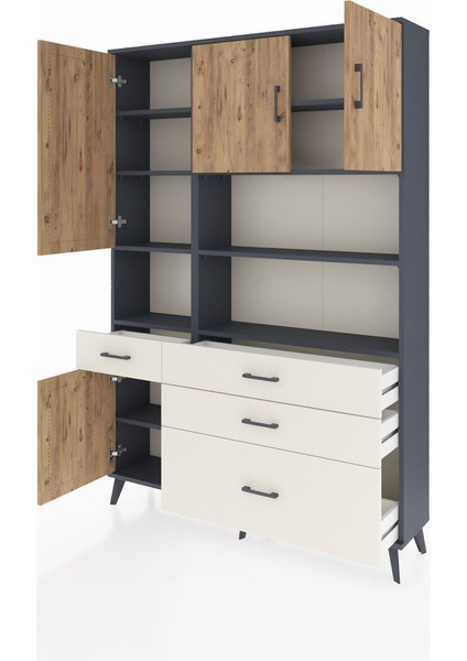 Arges Dolap 9 Raflı 4 Çekmeceli 4 Kapaklı 132X30X195 Antrasit-Çam/aytaşı modelleri