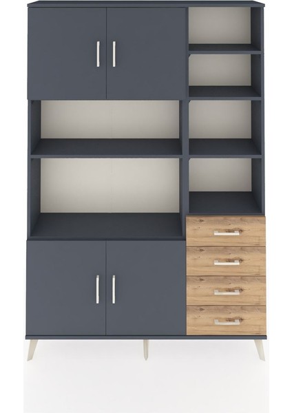 Arges Dolap 9 Raflı 4 Çekmeceli 4 Kapaklı 132X30X195 Antrasit-Antrasit/çam