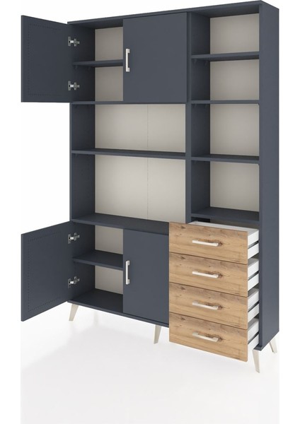 Arges Dolap 9 Raflı 4 Çekmeceli 4 Kapaklı 132X30X195 Antrasit-Antrasit/çam modelleri