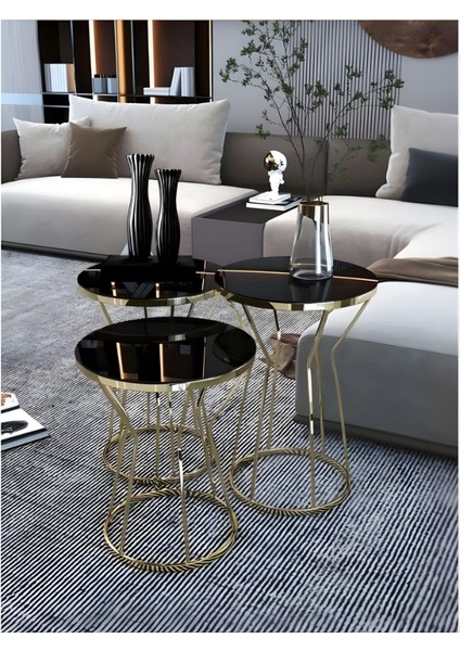 3'lü Kum Saati Zigon Sehpa Seti Gold Ayak Siyah Cam