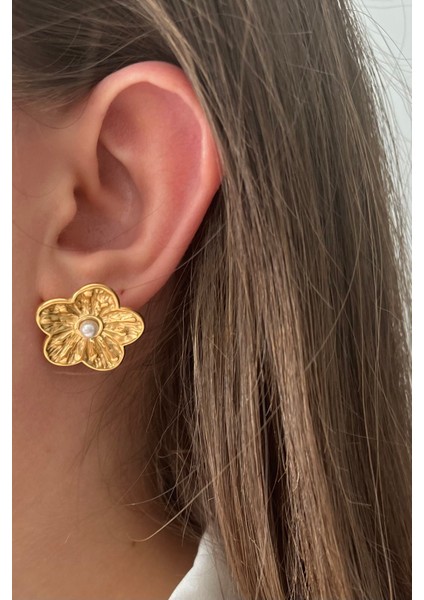 Vintage Çiçek Inci Çelik Küpe