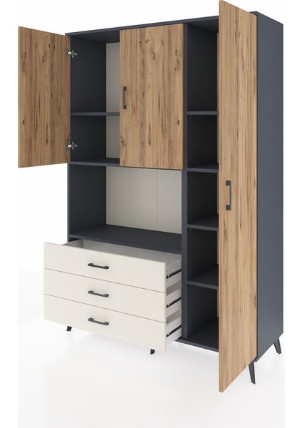 Hyperion Dolap 7 Raflı 3 Çekmeceli 3 Kapaklı 132X44X195 Antrasit-Çam/aytaşı modelleri