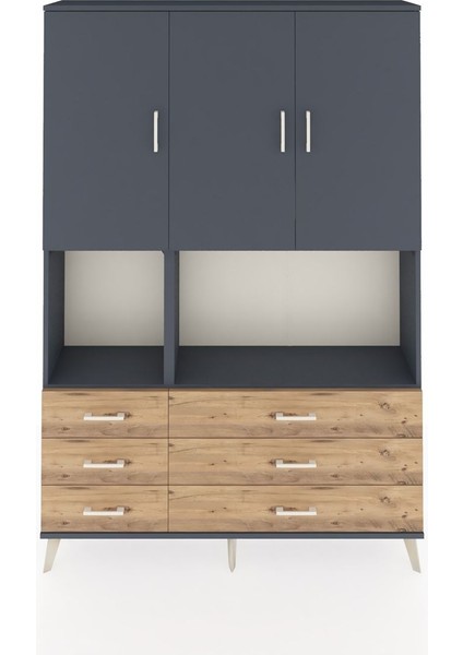 Arges Dolap 6 Raflı 6 Çekmeceli 3 Kapaklı 132X30X195 Antrasit-Antrasit/çam