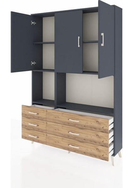 Arges Dolap 6 Raflı 6 Çekmeceli 3 Kapaklı 132X30X195 Antrasit-Antrasit/çam modelleri