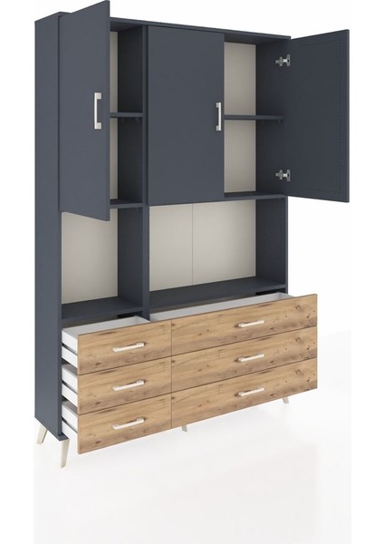 Arges Dolap 6 Raflı 6 Çekmeceli 3 Kapaklı 132X30X195 Antrasit-Antrasit/çam indirimleri