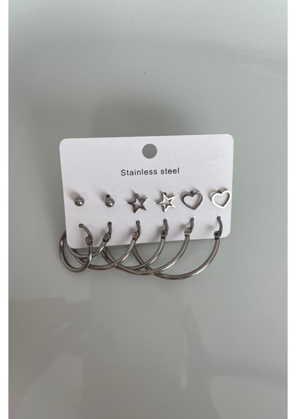 12'li Gümüş Tonu Paslanmaz Çelik Küpe Seti - Halka, Kalp ve Yıldız Kombini