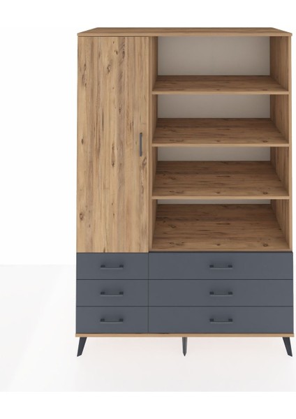 Kronos Dolap 8 Raflı 6 Çekmeceli Tek Kapaklı 132X59X195 Çam-Çam/antrasit