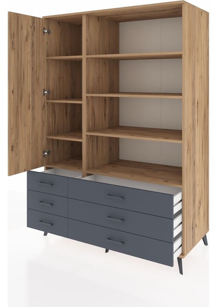 Kronos Dolap 8 Raflı 6 Çekmeceli Tek Kapaklı 132X59X195 Çam-Çam/antrasit modelleri