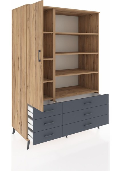 Kronos Dolap 8 Raflı 6 Çekmeceli Tek Kapaklı 132X59X195 Çam-Çam/antrasit indirimleri