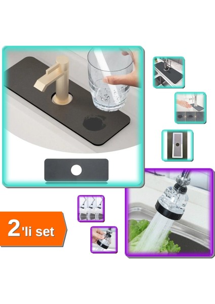 Mutfak Banyo Için Su Emici Musluk Matı + Şeffaf 3 Fonksiyonlu Oynar Musluk Başlığı 2'li Set A4B5C6