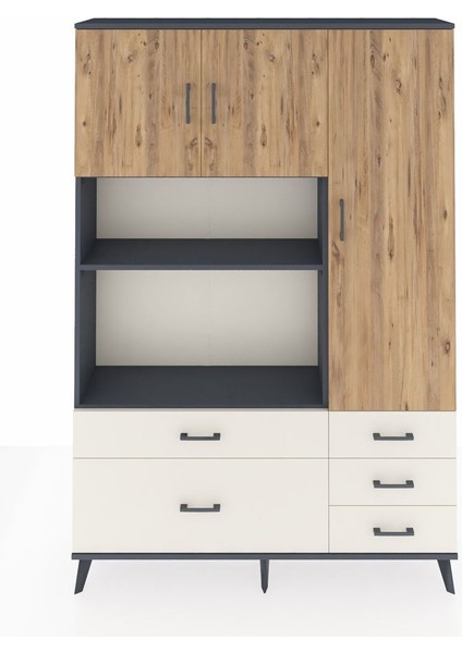 Arges Dolap 7 Raflı 5 Çekmeceli 3 Kapaklı 132X30X195 Antrasit-Çam/aytaşı