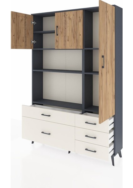 Arges Dolap 7 Raflı 5 Çekmeceli 3 Kapaklı 132X30X195 Antrasit-Çam/aytaşı modelleri