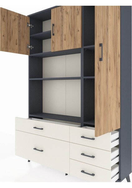 Arges Dolap 7 Raflı 5 Çekmeceli 3 Kapaklı 132X30X195 Antrasit-Çam/aytaşı fırsatları