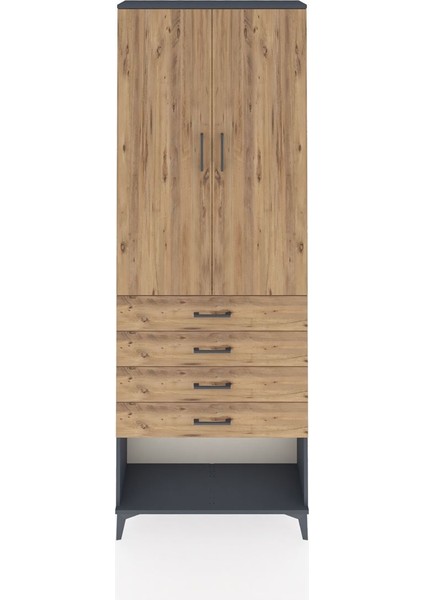 Arges Dolap 3 Raflı 4 Çekmeceli 2 Kapaklı 88X30X243 Antrasit-Çam