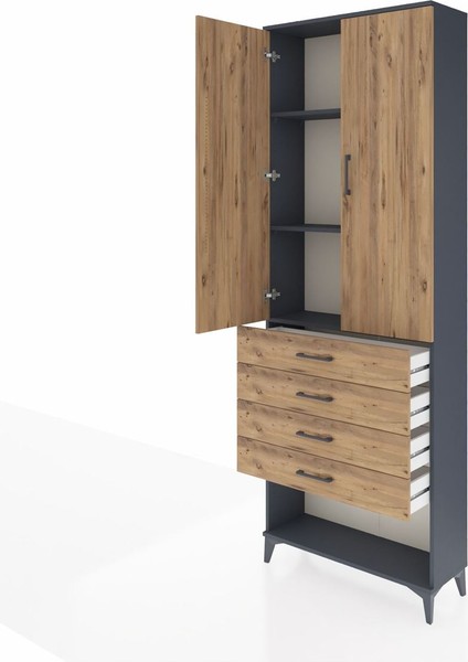 Arges Dolap 3 Raflı 4 Çekmeceli 2 Kapaklı 88X30X243 Antrasit-Çam fırsatları