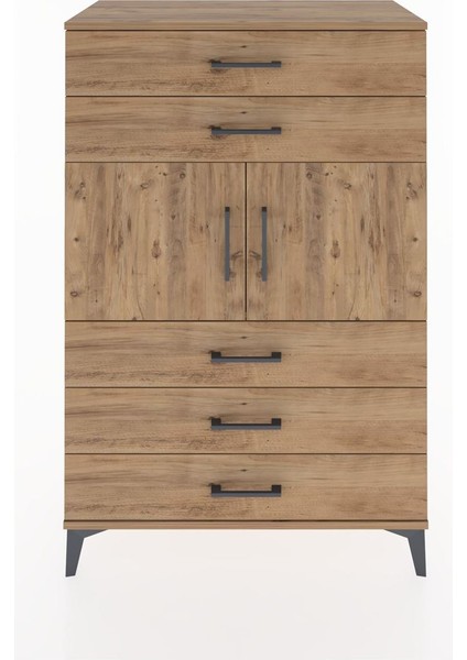 Hyperion Dolap Tek Raflı 5 Çekmeceli 2 Kapaklı 88X44X134 Çam-Çam