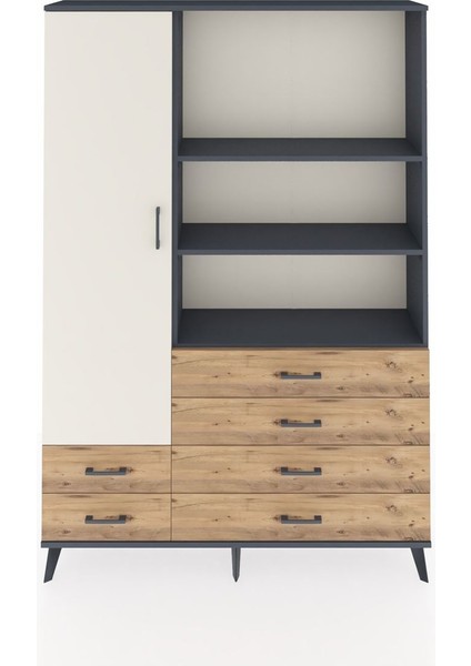 Arges Dolap 7 Raflı 6 Çekmeceli Tek Kapaklı 132X30X195 Antrasit-Aytaşı/çam