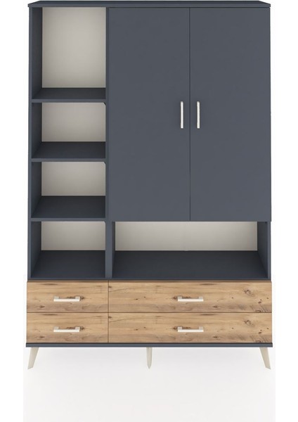 Arges Dolap 8 Raflı 4 Çekmeceli 2 Kapaklı 132X30X195 Antrasit-Antrasit/çam