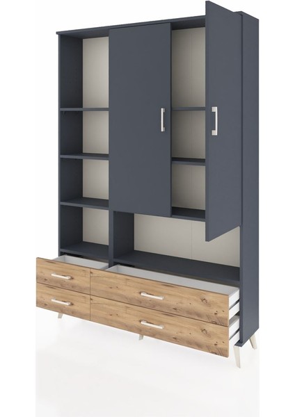 Arges Dolap 8 Raflı 4 Çekmeceli 2 Kapaklı 132X30X195 Antrasit-Antrasit/çam modelleri
