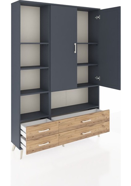 Arges Dolap 8 Raflı 4 Çekmeceli 2 Kapaklı 132X30X195 Antrasit-Antrasit/çam indirimleri