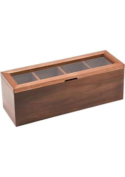 Akasya Ağacı Şeffaf Kapaklı Ahşap Çay Saklama Kutusu - Kapaklı Poşet Çay Organizeri, Estetik, Pratik Ahşap Düzenleyici, Dekoratif Mutfak Aksesuarı (4 Gözlü)