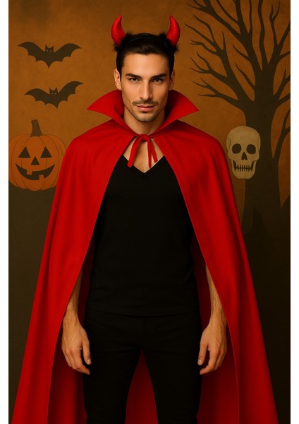 Cadılar Bayramı Kostümü Erkek | Yakalı Kırmızı Şeytan Pelerini + Küçük Boynuzlu Taç | 120 cm