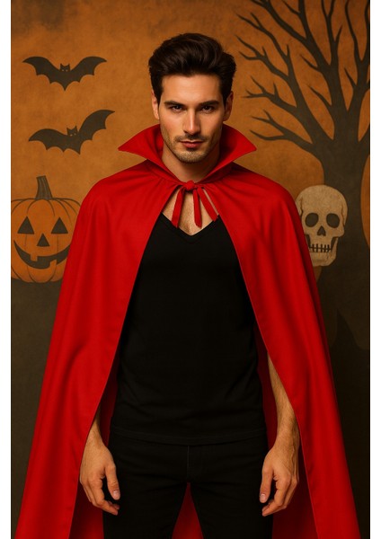 Cadılar Bayramı Kostümü Erkek | Yakalı Kırmızı Şeytan Pelerini + Küçük Boynuzlu Taç | 120 cm fiyatları