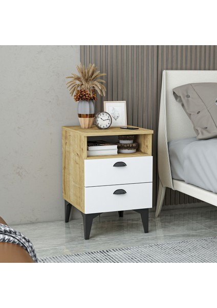 Afra Çift Çekmeceli Raflı Komodin