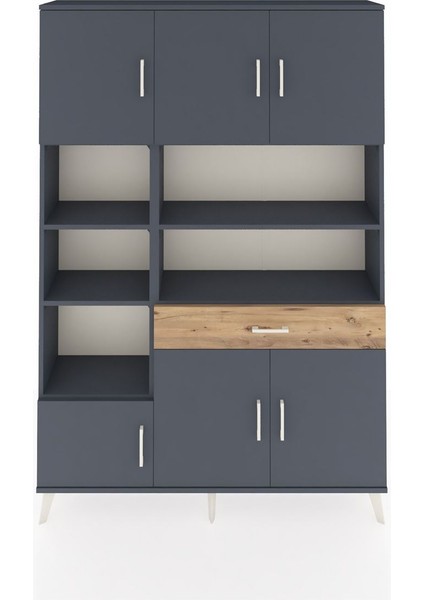 Arges Dolap 10 Raflı Tek Çekmeceli 6 Kapaklı 132X30X195 Antrasit-Antrasit/çam