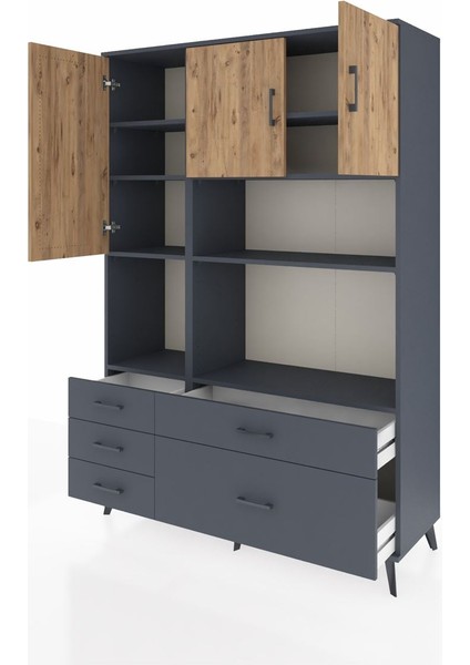 Hyperion Dolap 8 Raflı 5 Çekmeceli 3 Kapaklı 132X44X195 Antrasit-Çam/antrasit modelleri