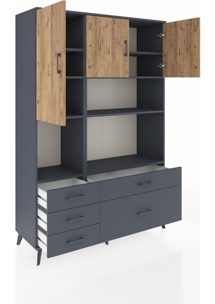 Hyperion Dolap 8 Raflı 5 Çekmeceli 3 Kapaklı 132X44X195 Antrasit-Çam/antrasit indirimleri