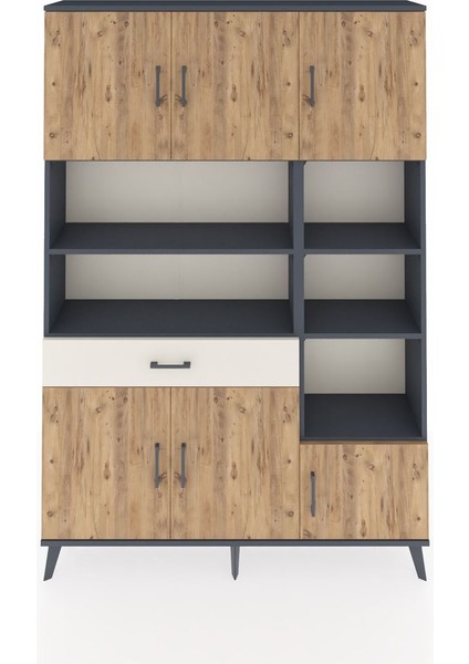 Arges Dolap 10 Raflı Tek Çekmeceli 6 Kapaklı 132X30X195 Antrasit-Çam/aytaşı