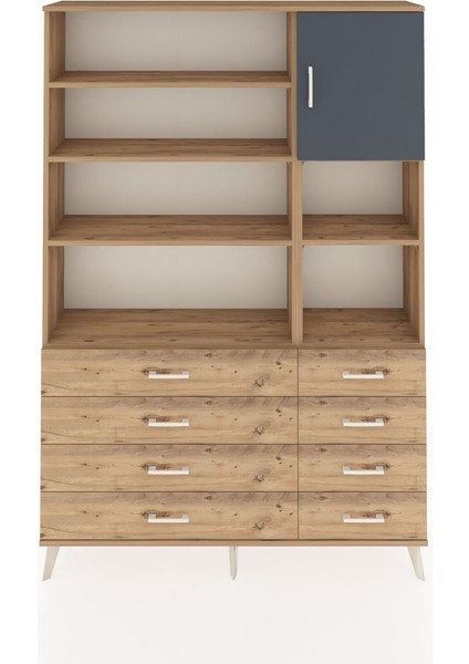 Arges Dolap 8 Raflı 8 Çekmeceli Tek Kapaklı 132X30X195 Çam-Antrasit/çam