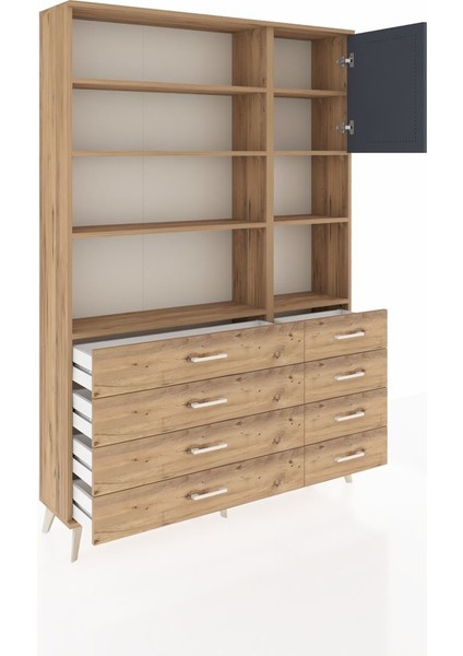 Arges Dolap 8 Raflı 8 Çekmeceli Tek Kapaklı 132X30X195 Çam-Antrasit/çam indirimleri