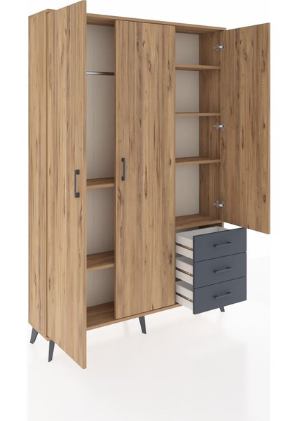 Arges Dolap 6 Raflı 3 Çekmeceli Tek Askılı 132X30X195 Çam-Çam/antrasit indirimleri