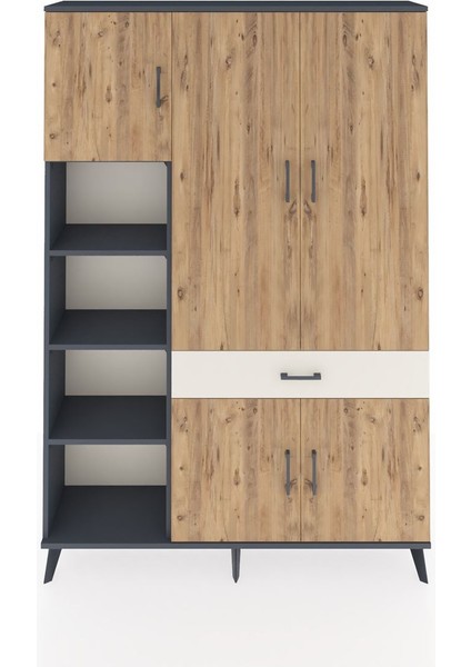 Arges Dolap 8 Raflı Tek Çekmeceli 5 Kapaklı 132X30X195 Antrasit-Çam/aytaşı