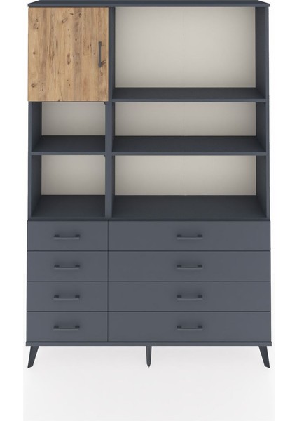 Arges Dolap 7 Raflı 8 Çekmeceli Tek Kapaklı 132X30X195 Antrasit-Çam/antrasit