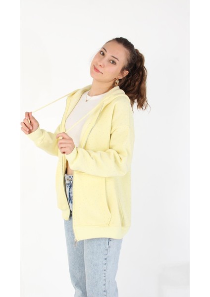 26174 Taşlı Fermuarlı Kapşonlu Kanguru Cep Sweat