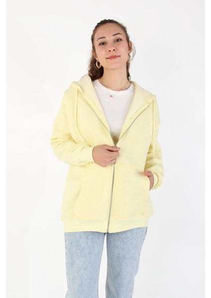 26174 Taşlı Fermuarlı Kapşonlu Kanguru Cep Sweat
