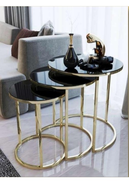 3' Lü Set C Zigon Gold Sehpa Siyah Aynalı