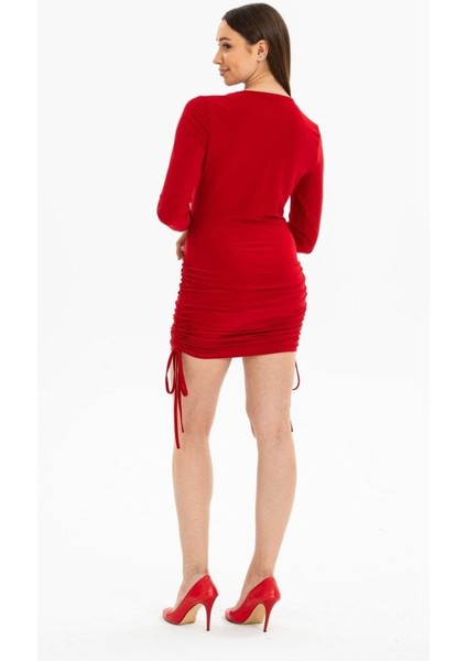 Kadın Uzun Kol Büzgü Detaylı Sandy Kumaş Ayarlanabilir Boy Fırsat Ürün Elbise